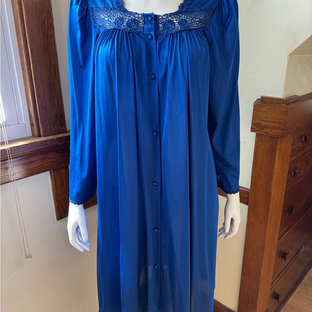 Vintage Lorraine Lace Robe Nightgown Women Sz M Royal Blue USA